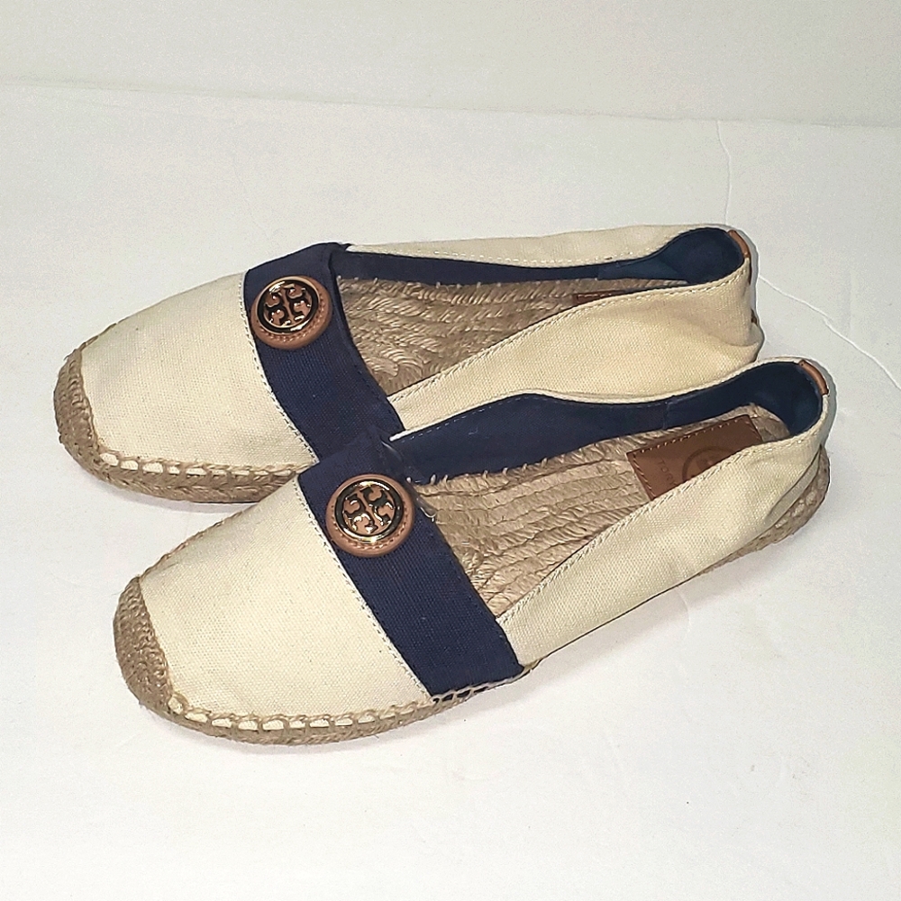 Tory Burch "Beacher" cream with blue espadrilles flat slip ons size 9M